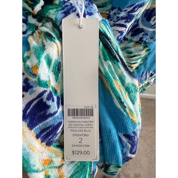 Chico's Summer Romance Bell Sleeve Coastal Shell Cardigan in Poolside Blue Large - Picture 4 of 8